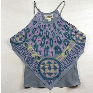 JMM Womens 100% Silk Tribal Print Handkerchief Hem Cami Top Grey Small